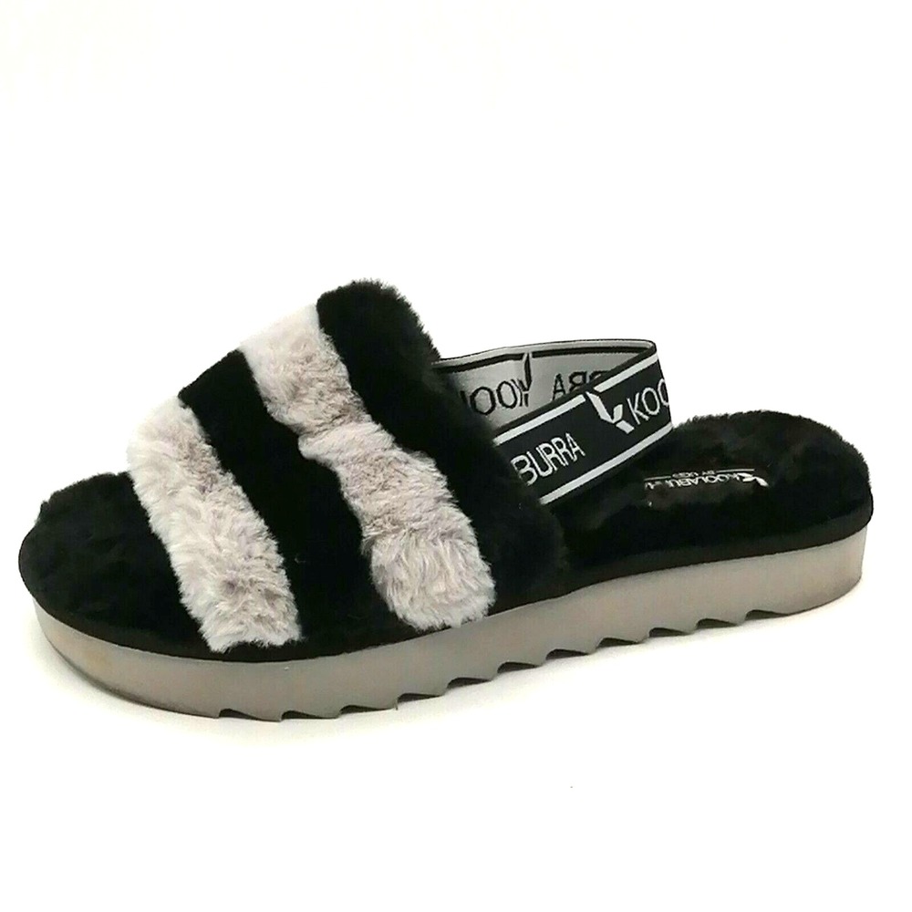 Koolaburra Shoes Womens Flat Heel Ankle Strap Slipper Black Gray Faux Fur 8